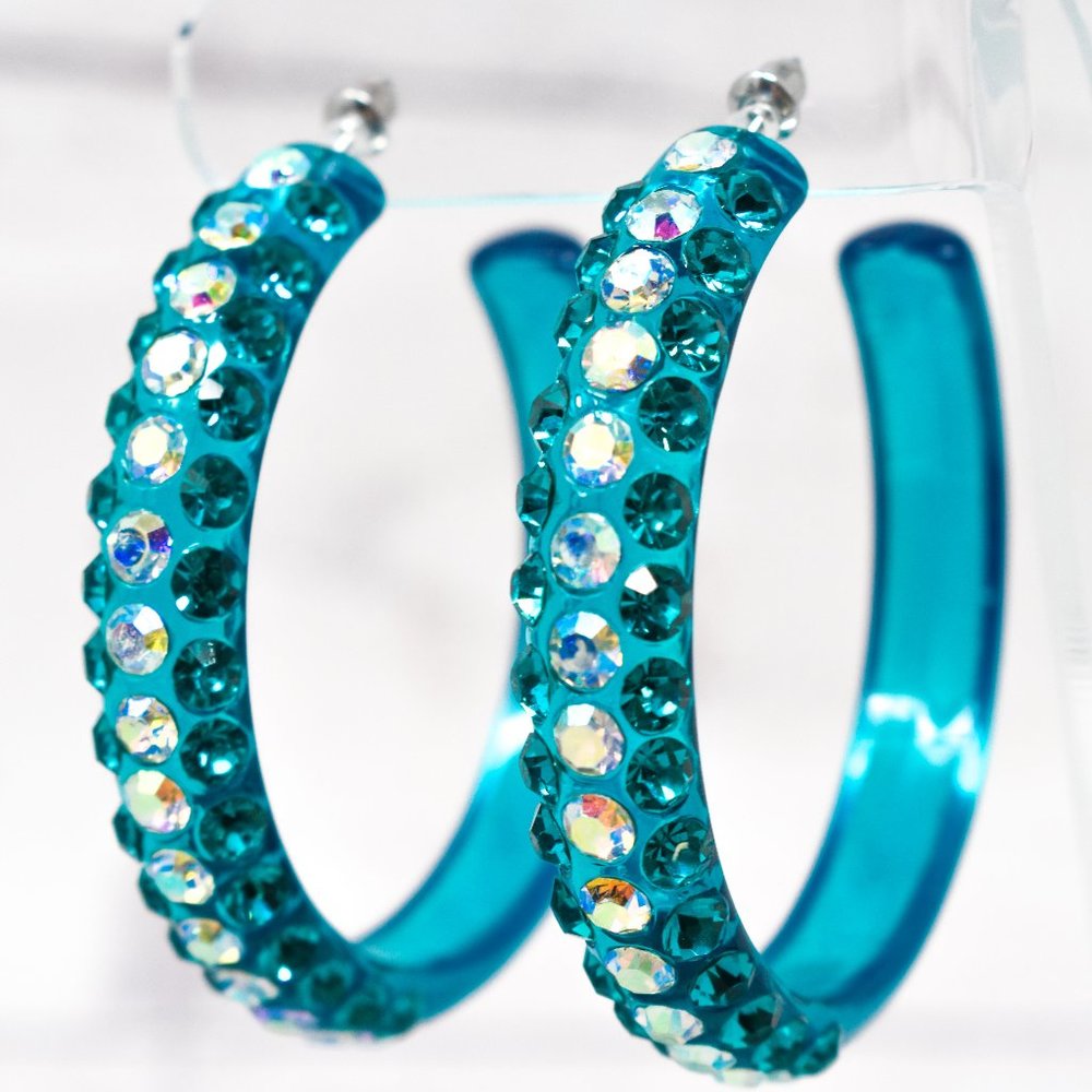 2.5" Clear Teal Lucite Teal/AB Rhinestones Hoops